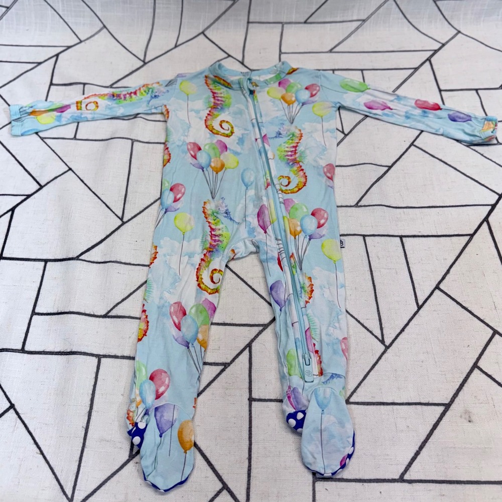 Little Bum Bums Footed Sleeper 3-6M Blue Seahorse Balloon Bamboo Zippy